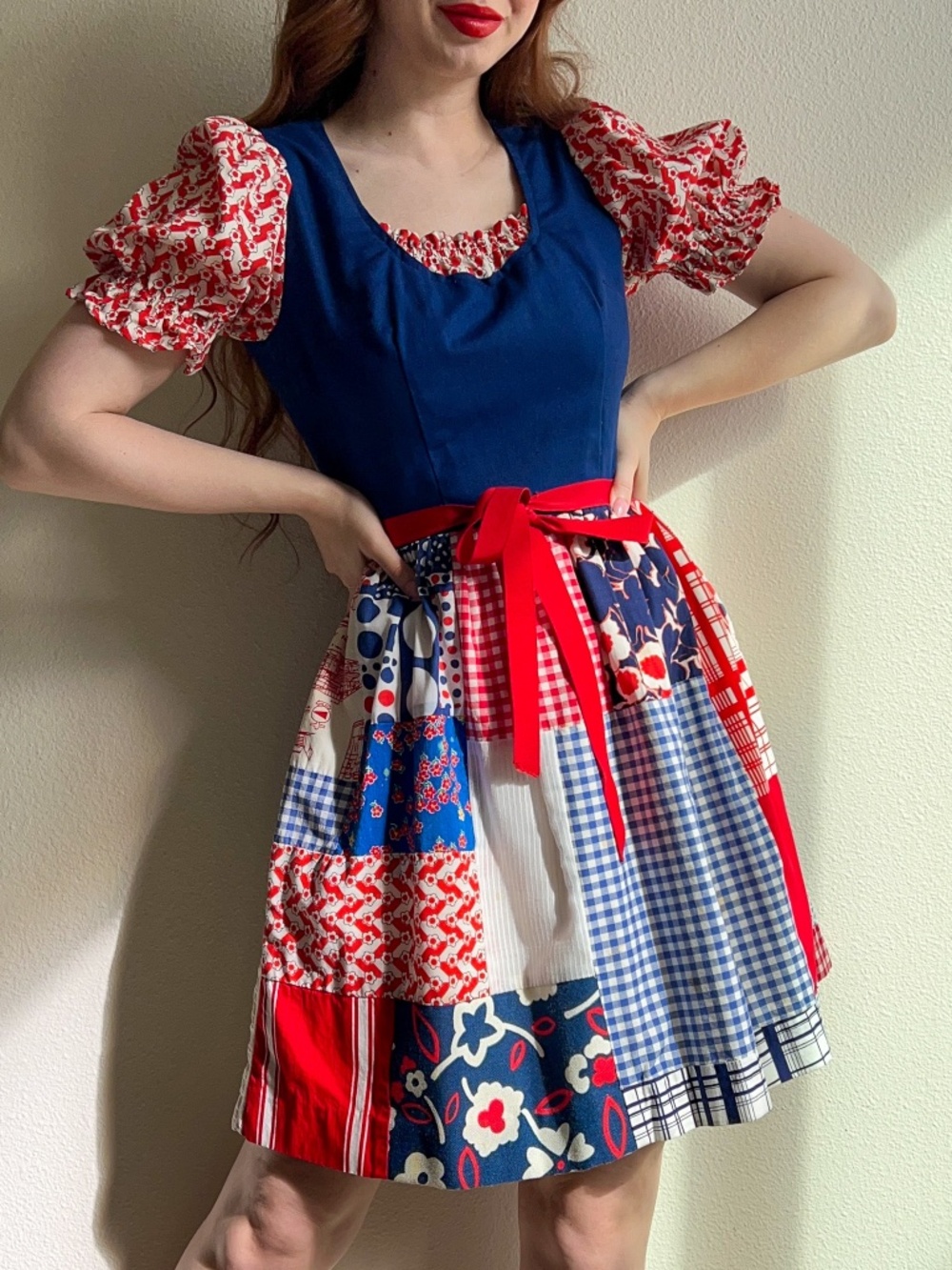 Vintage 1960s Red, White, and Blue Quilted Pattern Summer Dress (S)